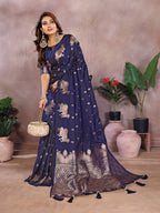 Navy blue traditional banarasi silk saree with zari weaving work