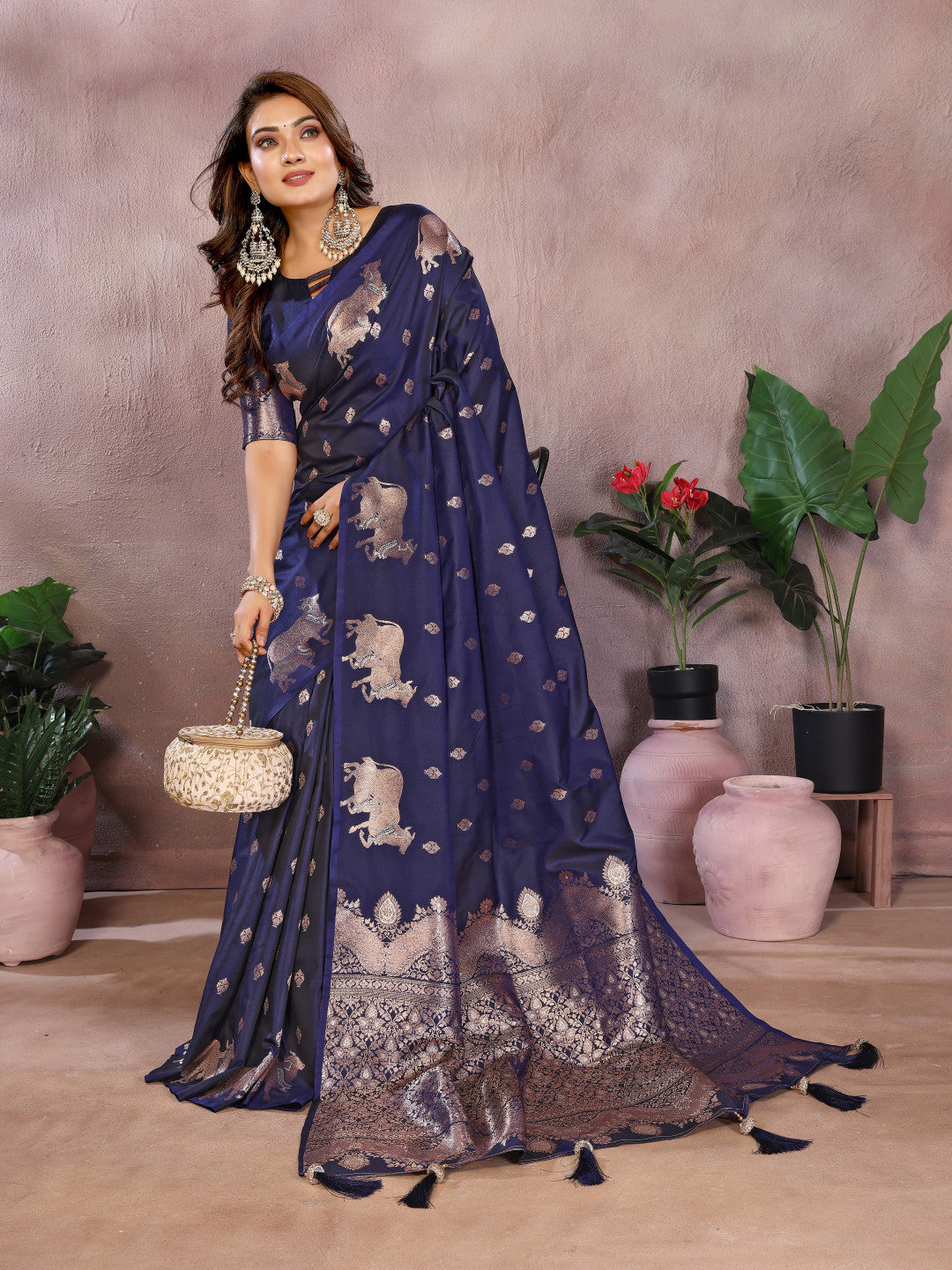 Navy blue traditional banarasi silk saree with zari weaving work