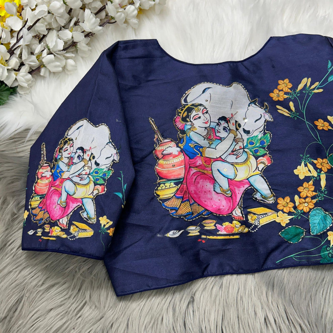 Navy blue silk readymade blouse with kalamkari printed work