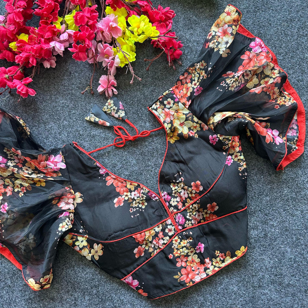 Black pure organza readymade blouse with printed work