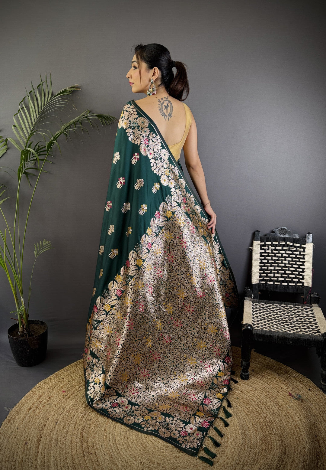 Dark green premium banarasi silk saree with meenakari zari weaving work