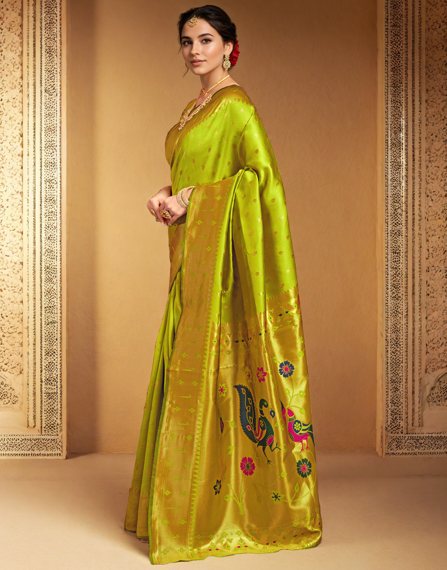 Traditional parrot green paithani silk saree with zari weaving work