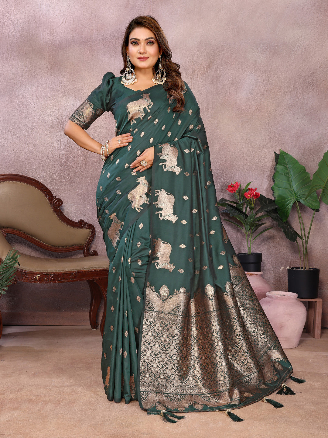 Green traditional banarasi silk saree with zari weaving work