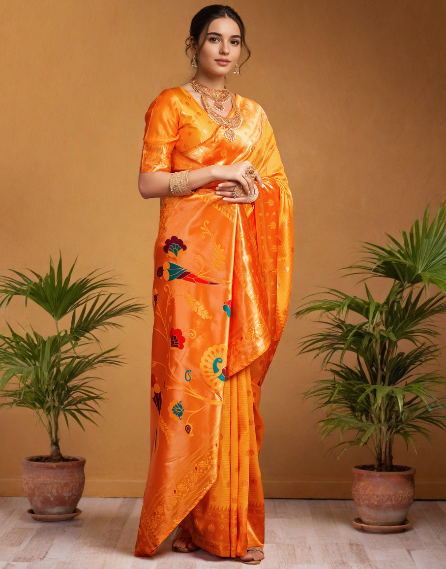Traditional orange paithani silk saree with zari weaving work