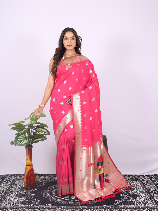 Pink color paithani silk saree with zari weaving work