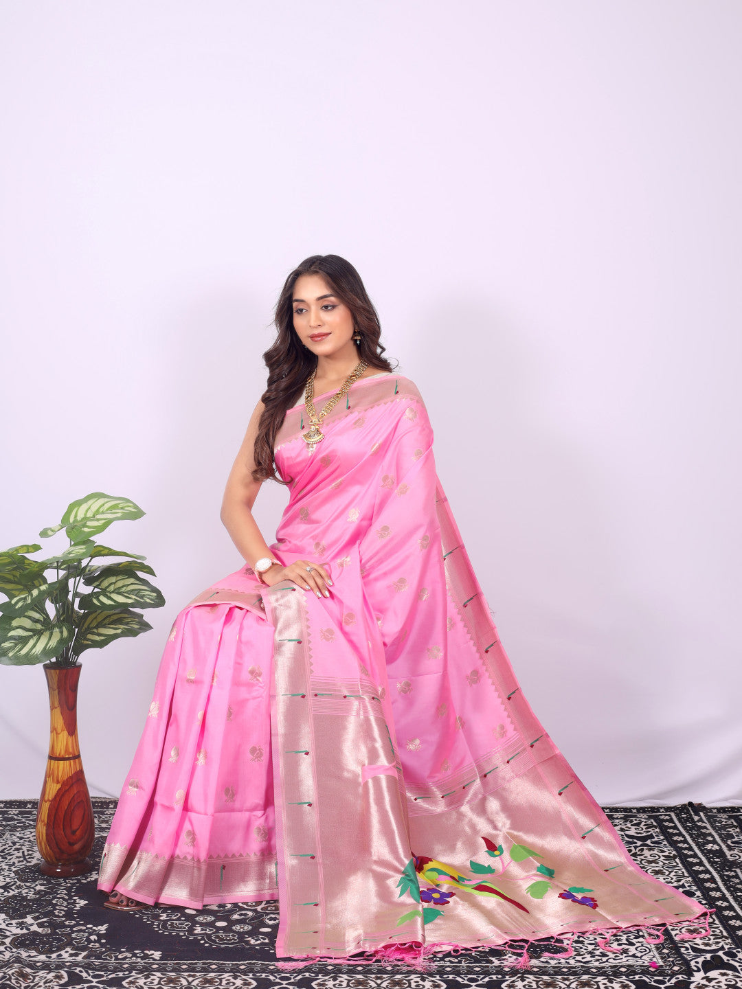 Baby pink color paithani silk saree with zari weaving work