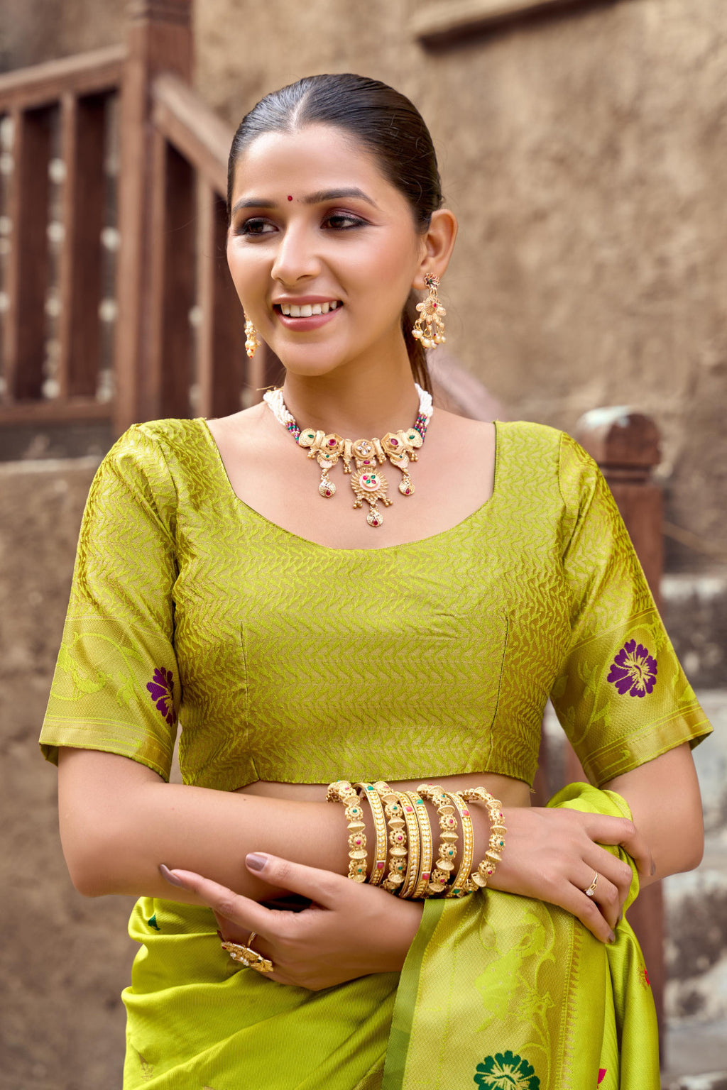 Traditional parrot green paithani silk saree with zari weaving work