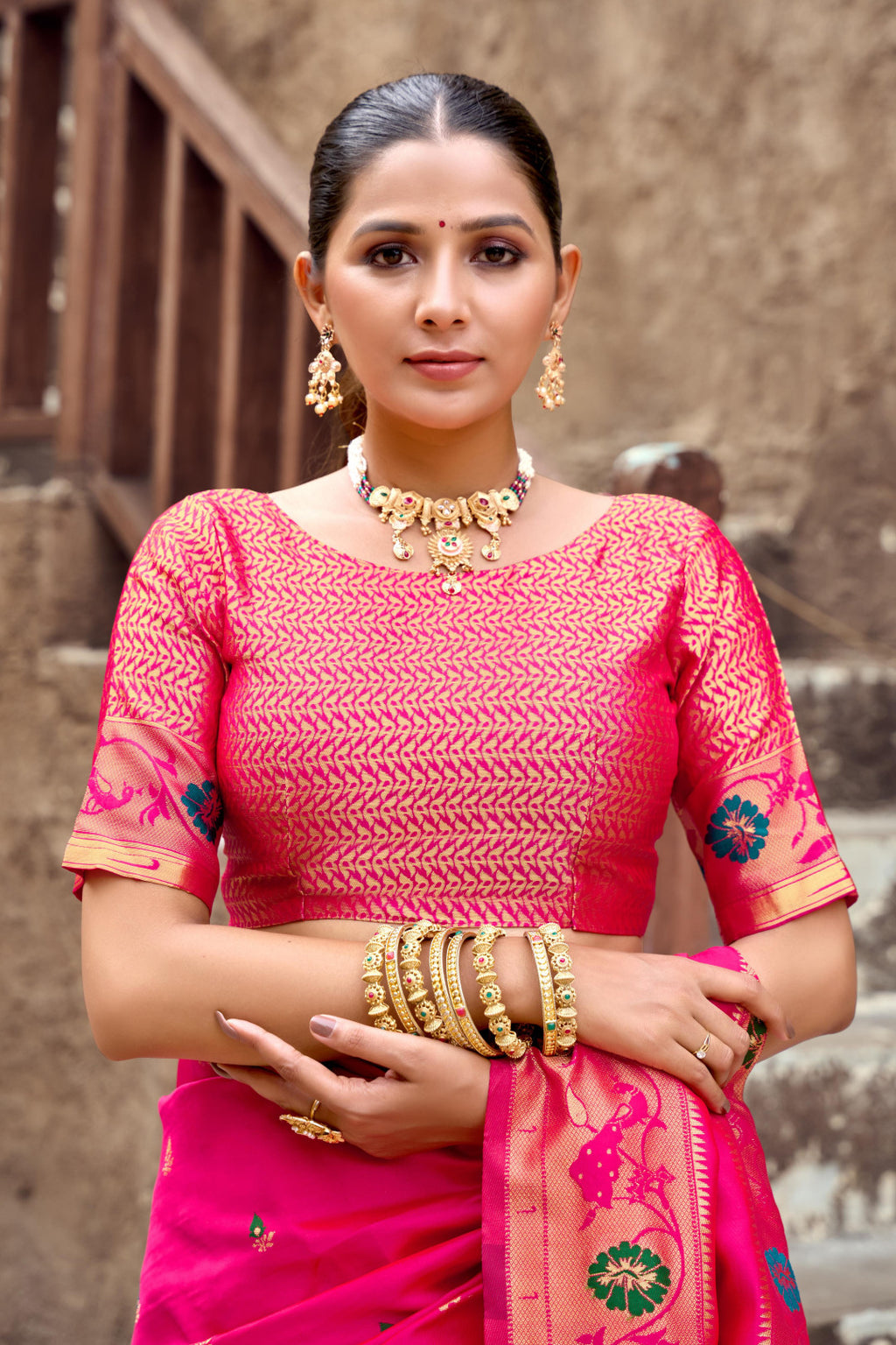 Traditional pink paithani silk saree with zari weaving work