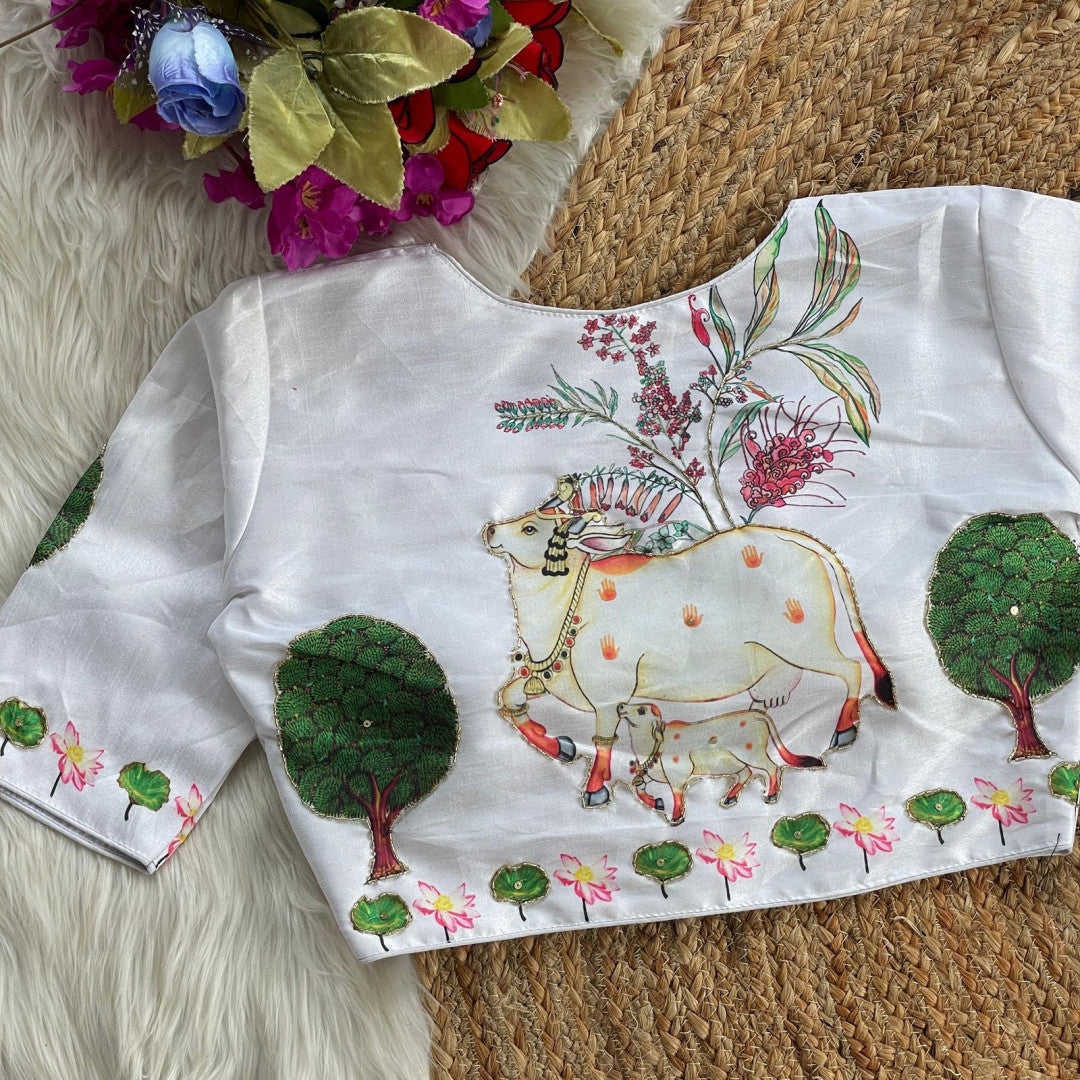 White silk readymade blouse with pichwai printed work