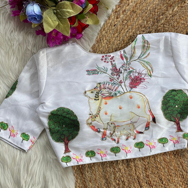 White silk readymade blouse with pichwai printed work