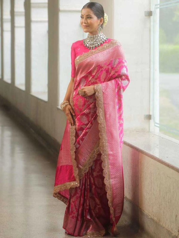 Pink premium banarasi katan silk saree with zari weaving & lace border