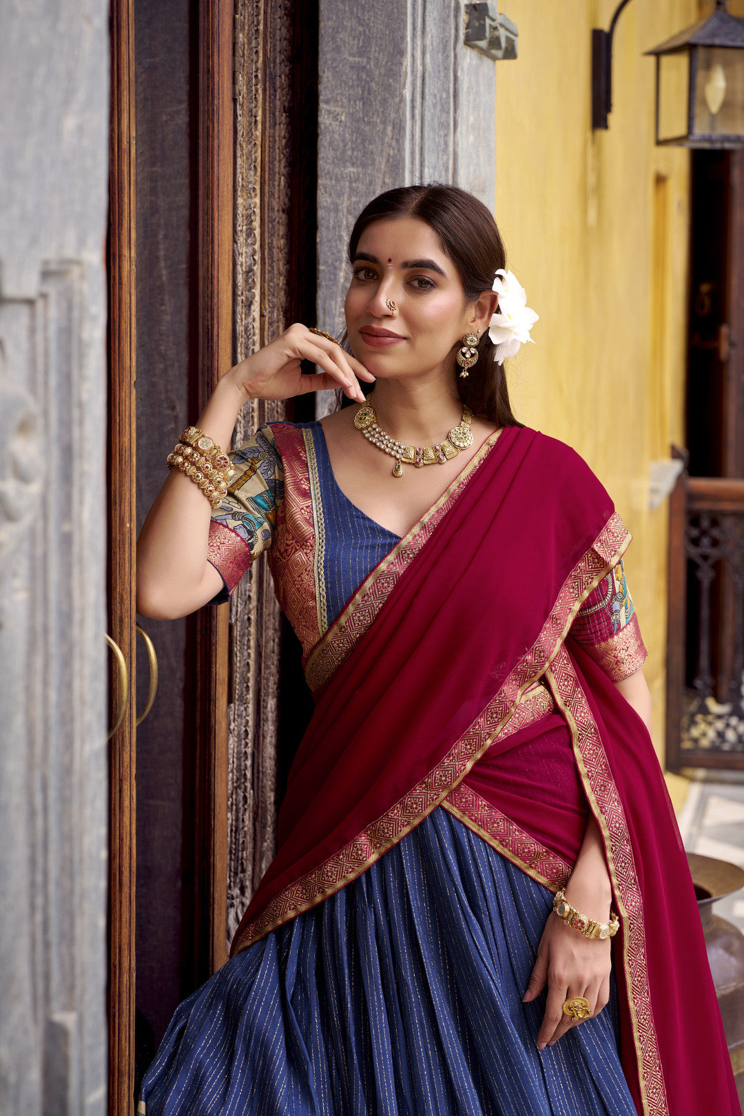 Traditional Kalamkari Printed Lehenga in Poly Chanderi with Zari Work & Georgette Dupatta