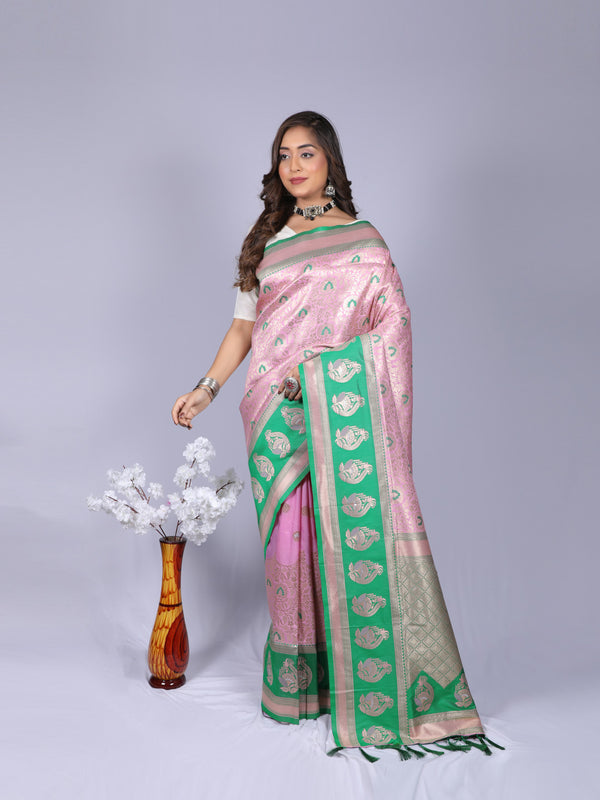 Baby pink color kanchipuram silk saree with zari weaving work