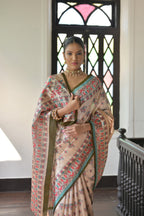 Beige color madhubani printed tussar silk saree