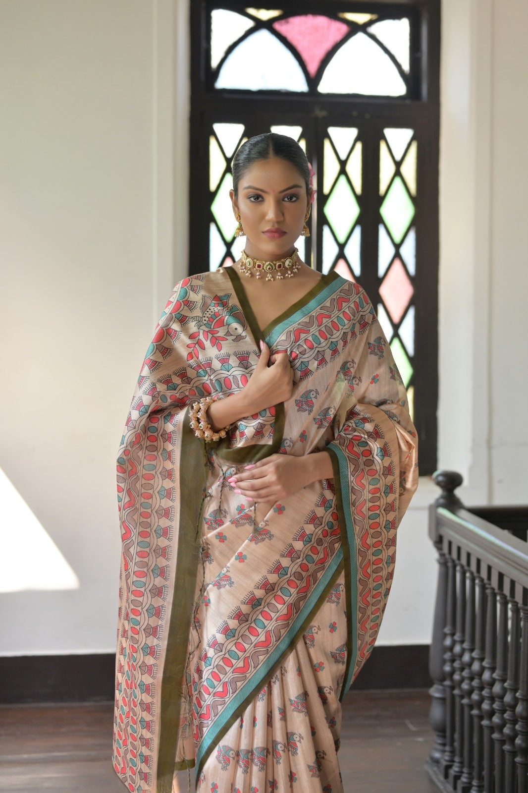 Beige color madhubani printed tussar silk saree
