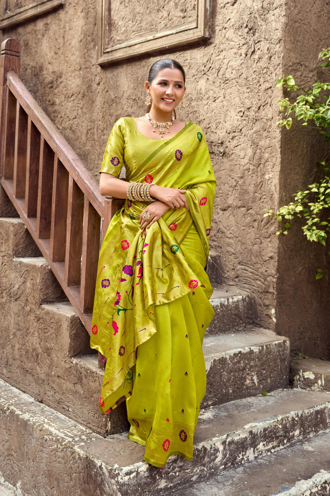 Traditional parrot green paithani silk saree with zari weaving work