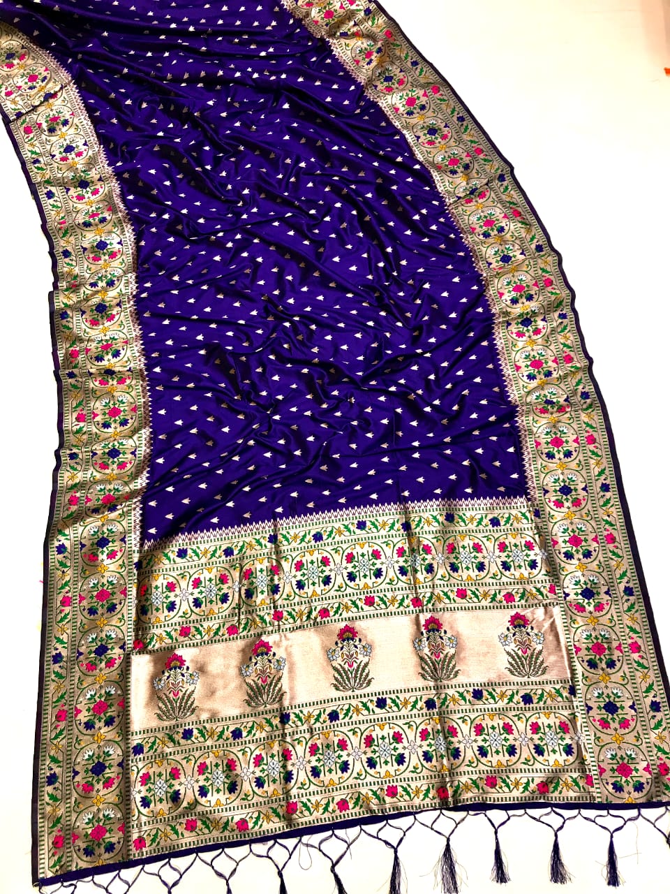 Violet color paithani silk saree with zari weaving work