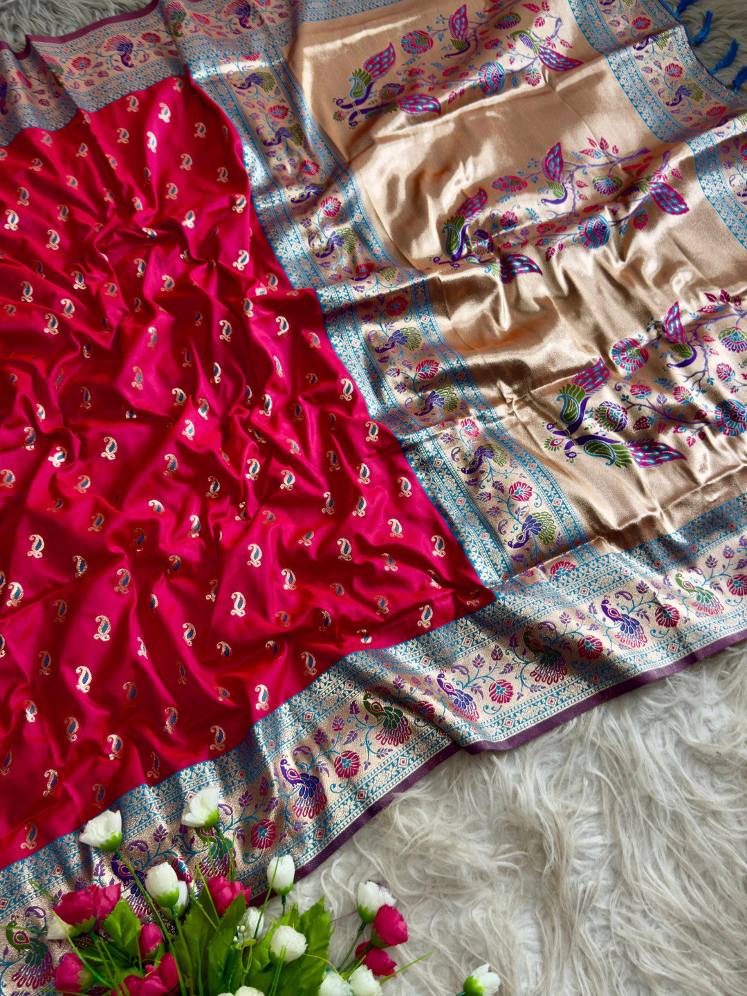 Rani pink traditional paithani silk saree with peacock zari weaving work