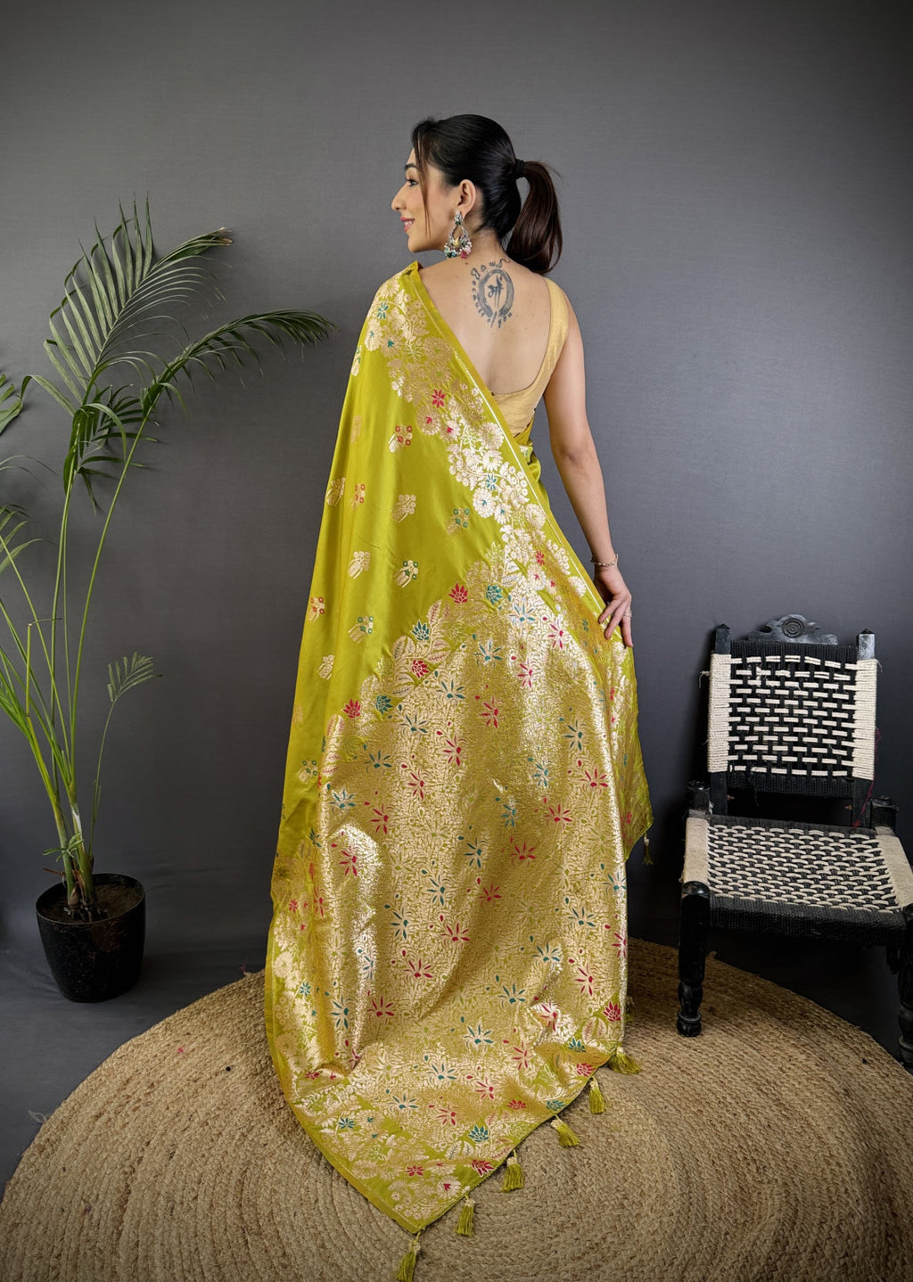 Parrot green premium banarasi silk saree with meenakari zari weaving work