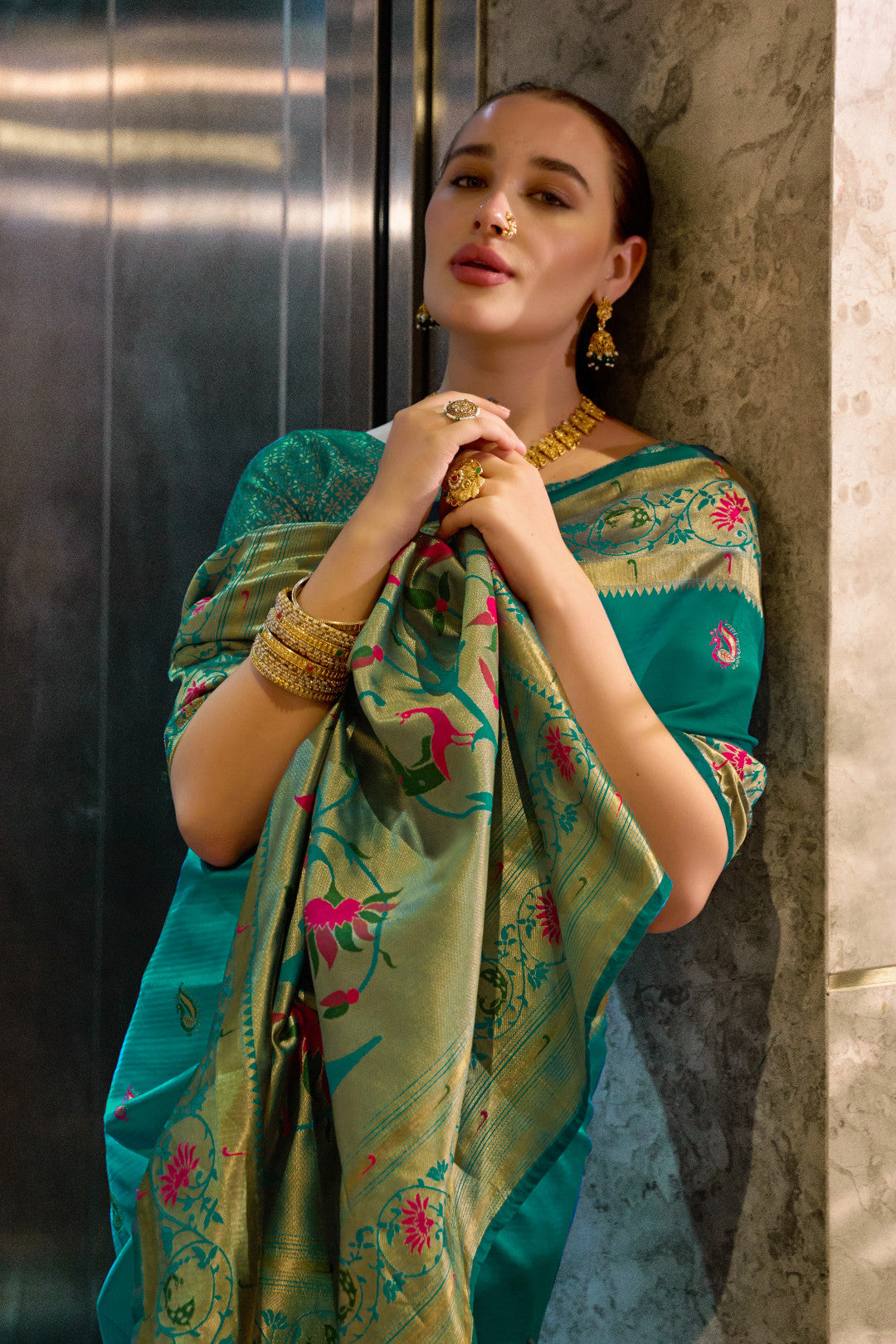 Traditional rama green paithani silk saree with zari weaving work