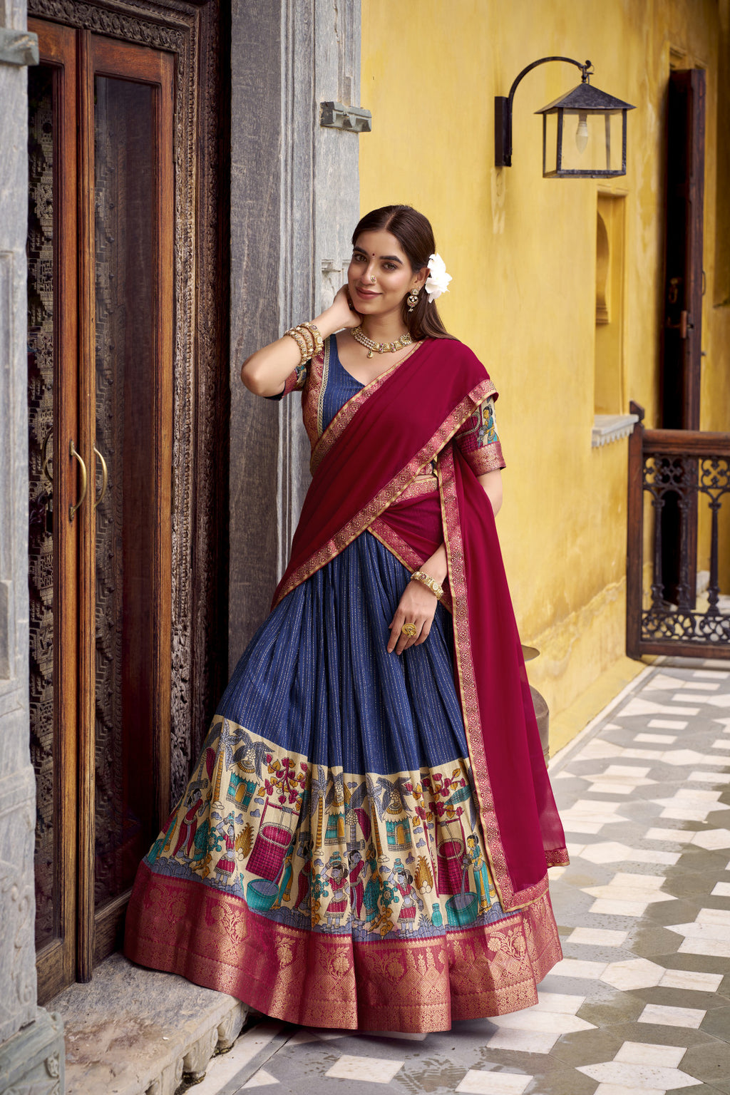Traditional Kalamkari Printed Lehenga in Poly Chanderi with Zari Work & Georgette Dupatta