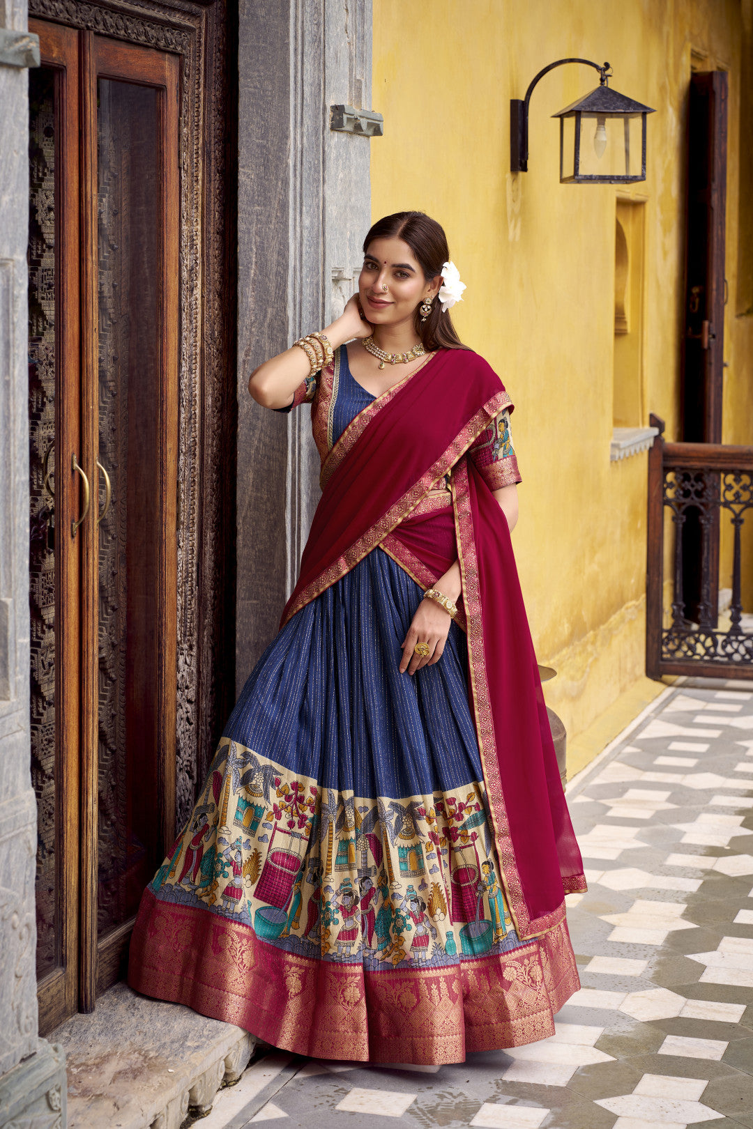 Traditional Kalamkari Printed Lehenga in Poly Chanderi with Zari Work & Georgette Dupatta