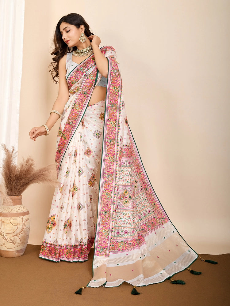 Ashopalav Off-White Table Printed Traditional Soft Cotton Saree