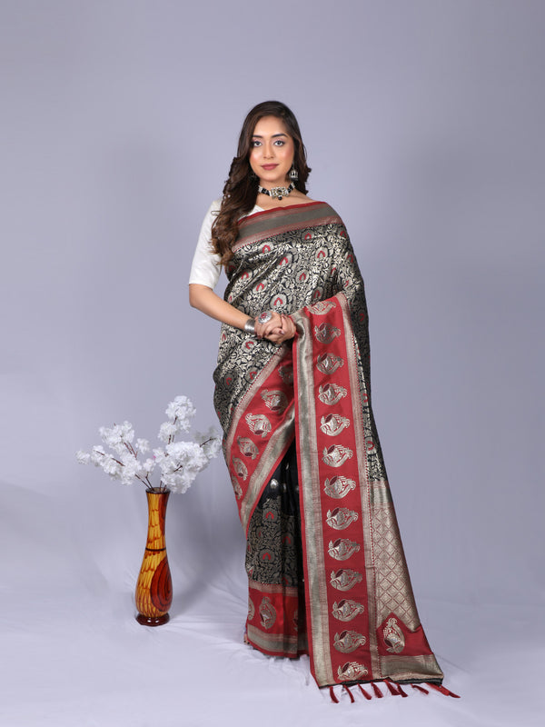 Black color kanchipuram silk saree with zari weaving work
