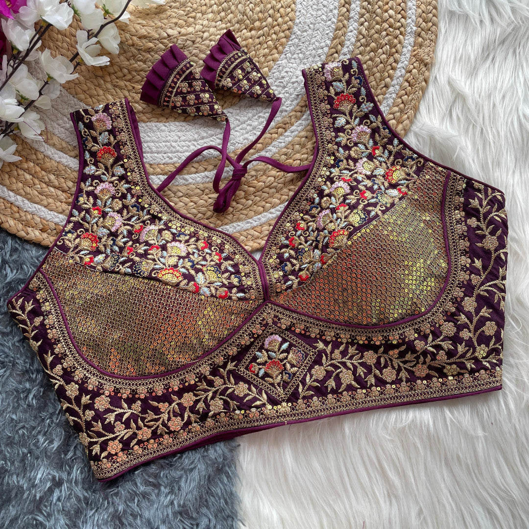 Wine vichitara silk readymade blouse with embroidery & sequence work