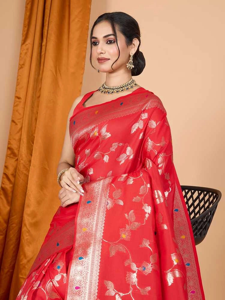 Red premium banarasi silk saree with meenakari zari weaving work