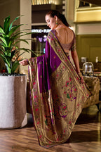 Traditional magenta paithani silk saree with zari weaving work