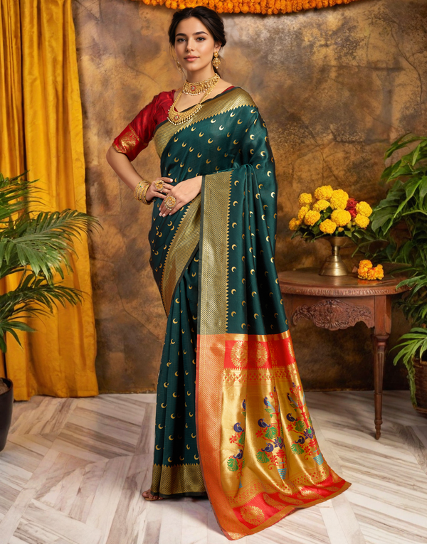 Traditional dark green chand design paithani silk saree with zari weaving work