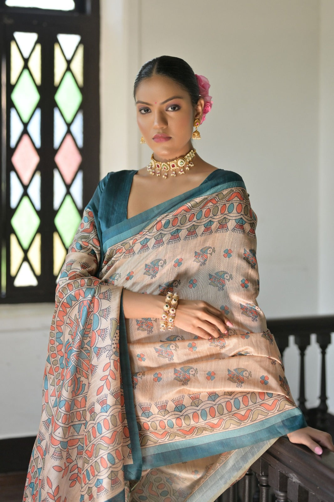 Beige color madhubani printed tussar silk sare