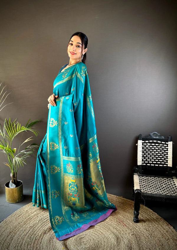 Firoji traditional paithani silk saree with meenakari zari weaving work