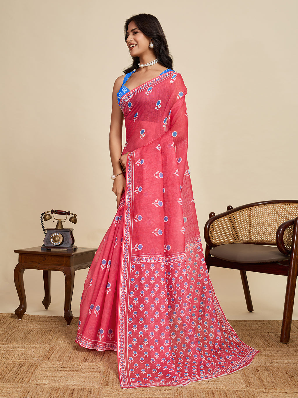 Multi linen cotton saree with digital printed work and silver zari border