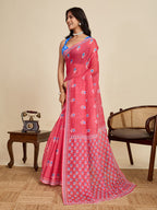 Multi linen cotton saree with digital printed work and silver zari border
