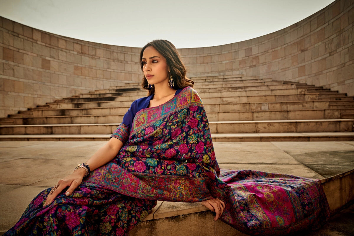 Blue traditional pashmina cotton saree with woven design