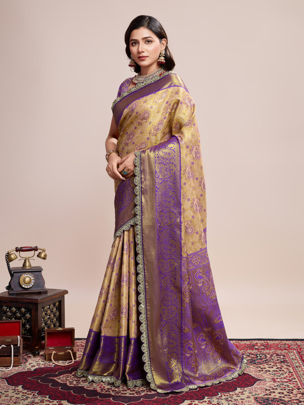 Beige kanjivaram silk saree with zari weaving work