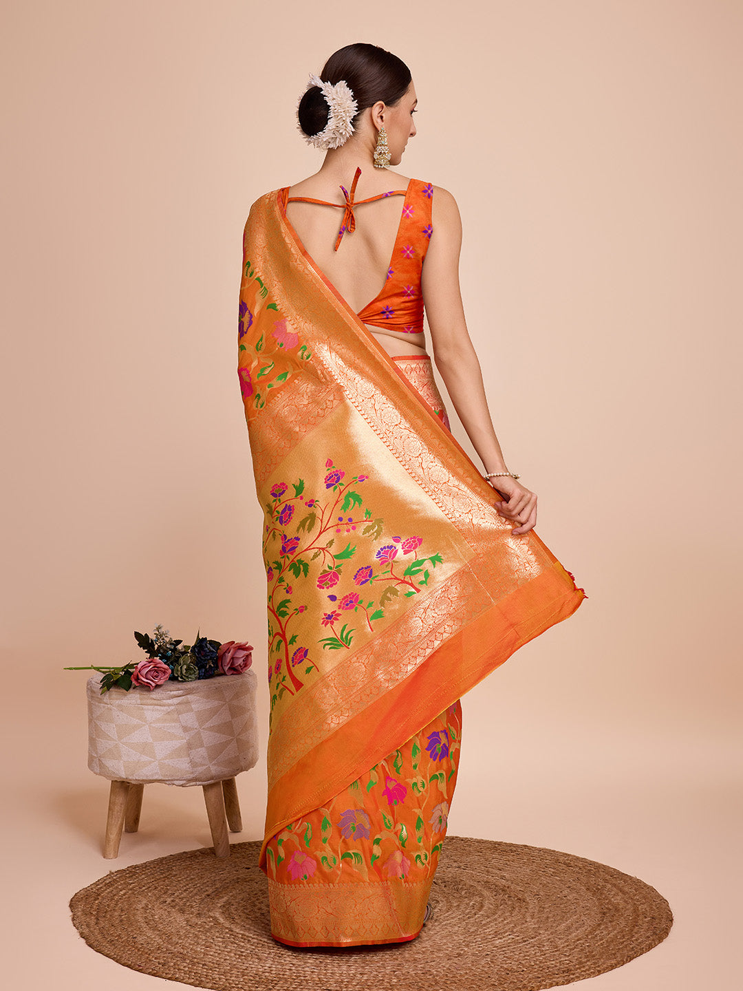 Orange color paithani silk saree with zari weaving work