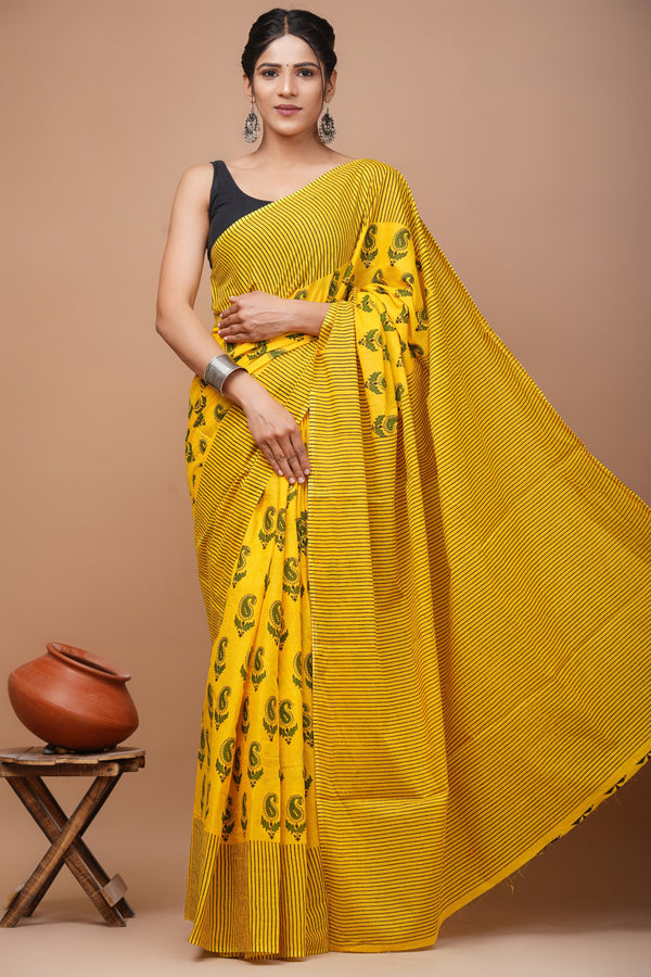 Yellow pure mulmul cotton saree with bagru hand block printed work