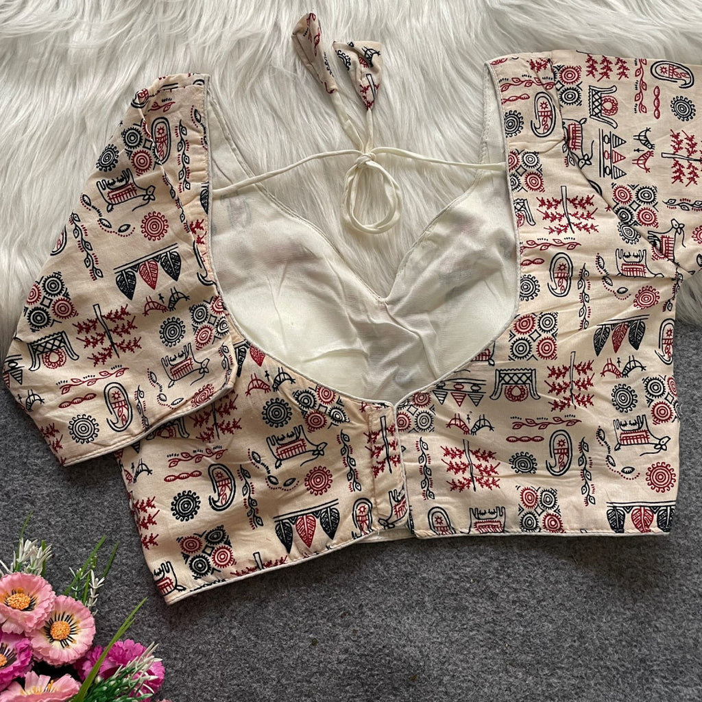 White colour ajarakh printed cotton readymade blouse