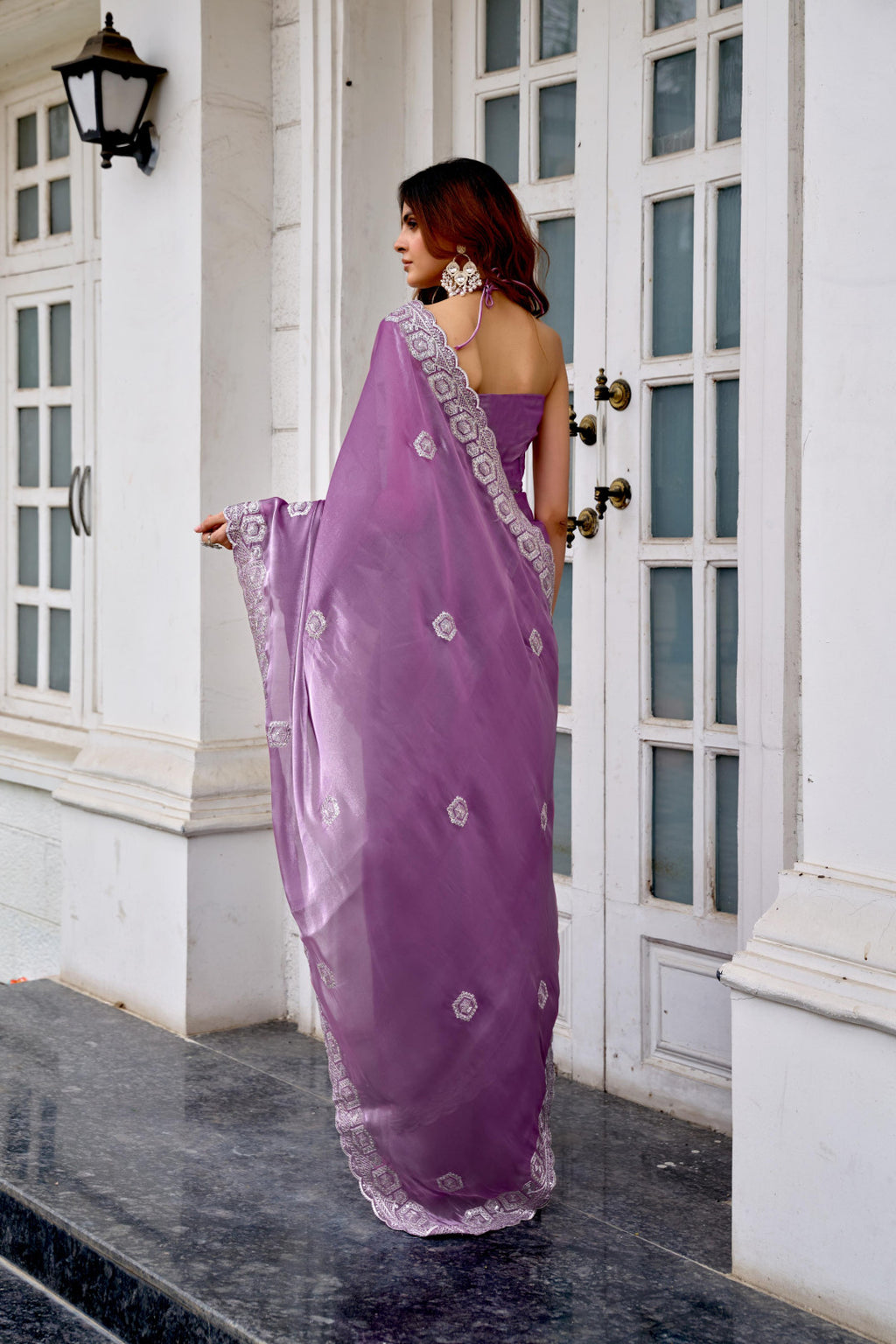 Lavender fancy shimmer chiffon saree with embroidery work