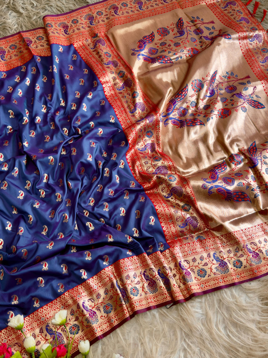 Navy blue traditional paithani silk saree with peacock zari weaving work