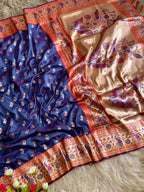 Navy blue traditional paithani silk saree with peacock zari weaving work