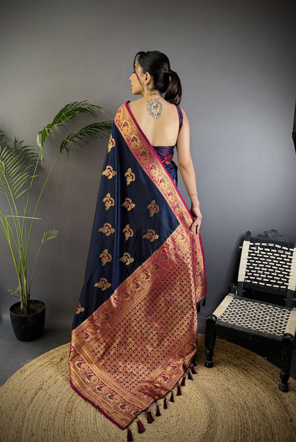 Navy blue traditional banarasi silk saree with zari weaving work