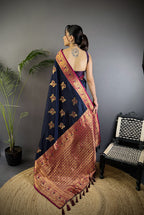 Navy blue traditional banarasi silk saree with zari weaving work