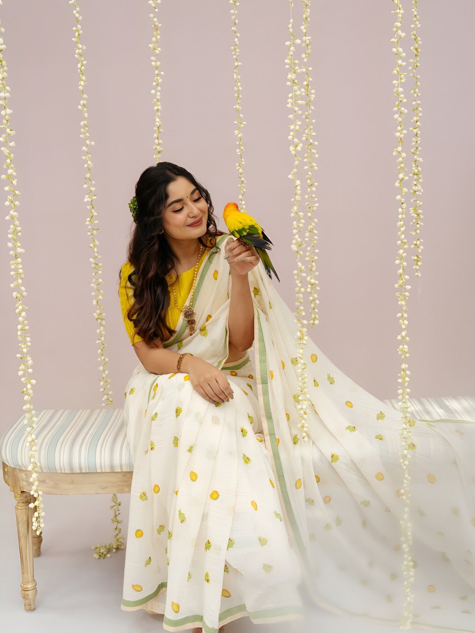 Trendy linen | White linen cotton saree with digital printed work
