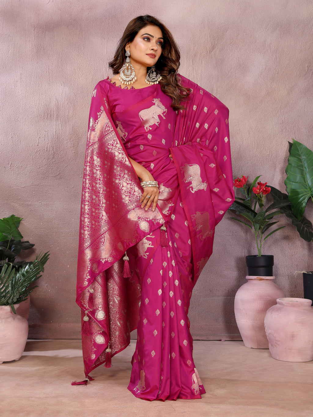 Dark pink traditional banarasi silk saree with zari weaving work