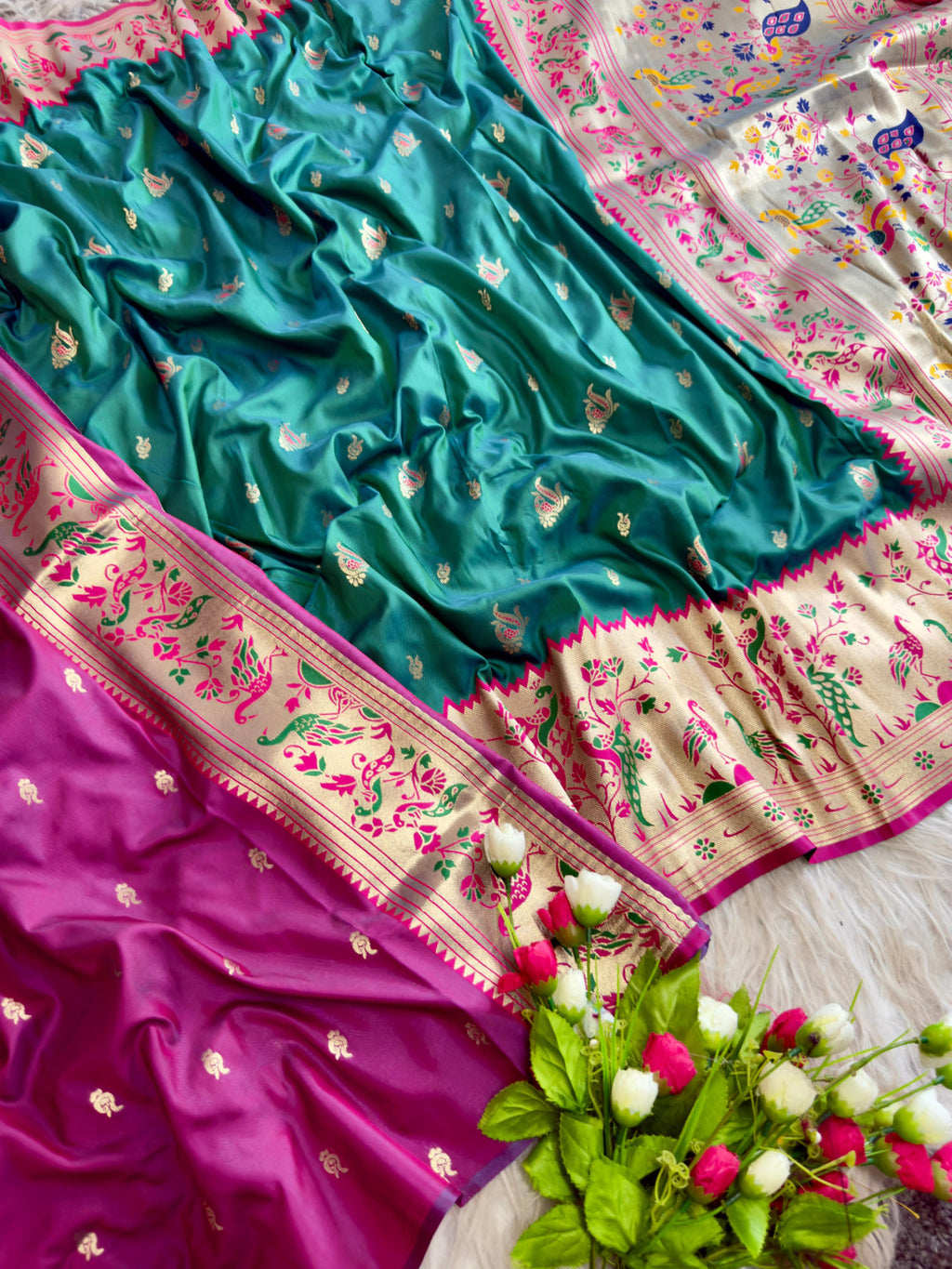 Rama green traditional paithani silk saree with peacock zari weaving work