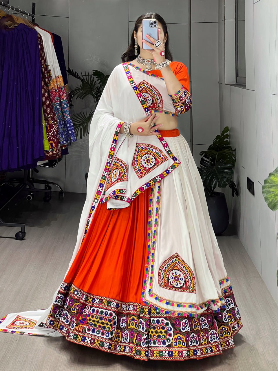 Rayon Cotton Lehenga Choli with Traditional Gamthi Embroidery and Matching Dupatta
